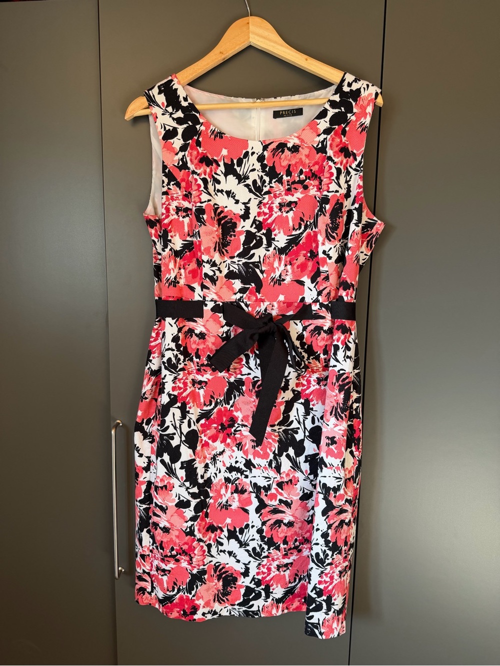 Précis Sleeveless Pink Floral Midi Dress with Black Waist Tie